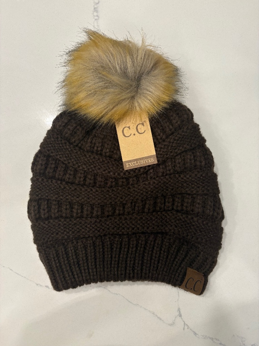 C.C Brown Ribbed Hat With Faux Fur Pom